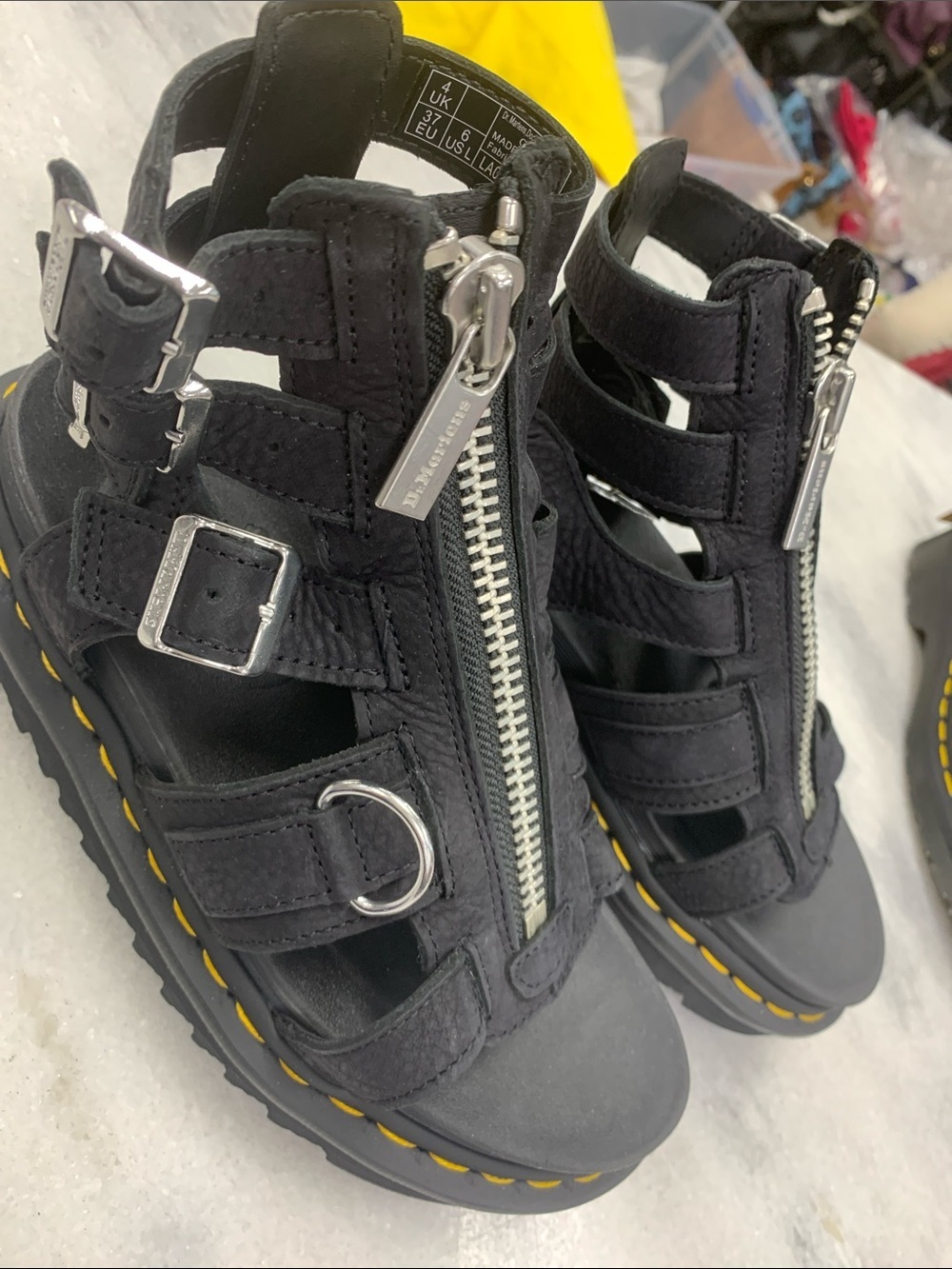 Dr. Martens Black Leather Gladiator Sandals with Yellow Stitching